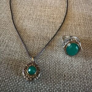 Konstantino Sterling Silver, 18K Gold & Natural Green Onyx Necklace and Ring Set